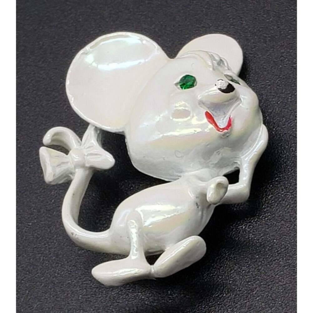 Mouse Brooch Pin White Opalescent Enamel  Green Emerald Rhinestone Eyes Vintage